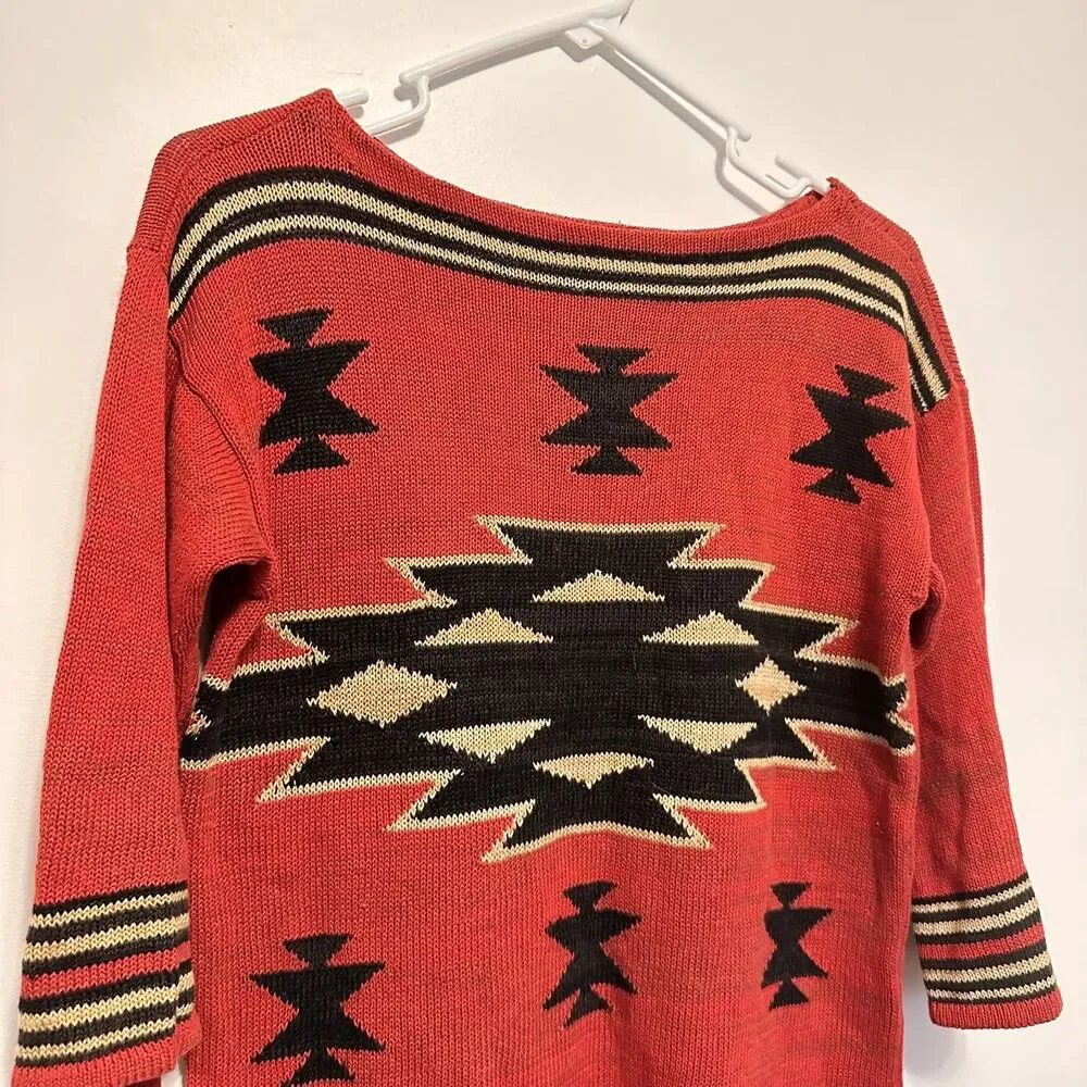 Chaps Ralph Lauren Womens XS Aztec Navajo Southwestern Knit Top Linen Blend Boho - Picture 2 of 6